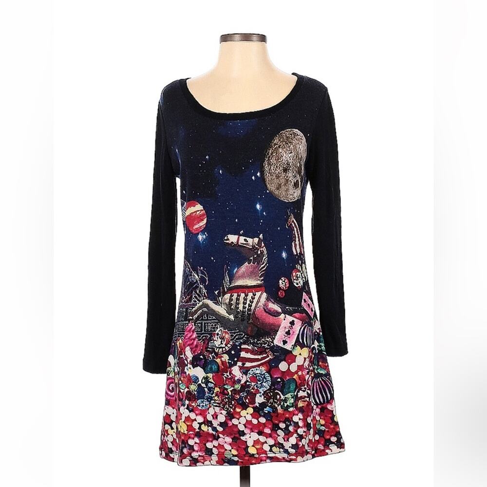 Papillon carnival graphic print long sleeved sweater dress, size small